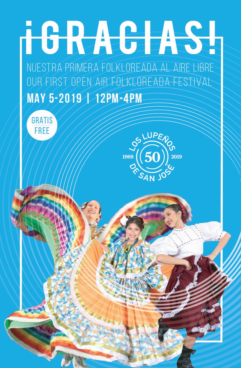 loslupenos's tweet photo. Join us on May 5th for a FREE open-air community celebration of folklórico music, dance, and more from 12-4pm at the School of Arts and Culture, Mexican Heritage Plaza, 1700 Alum Rock Avenue, San José. #LosLupenos #LLJuvenil #50YearAnniversary #folklorico #festival #SOAC https://t.co/ecEhMOvoB1
