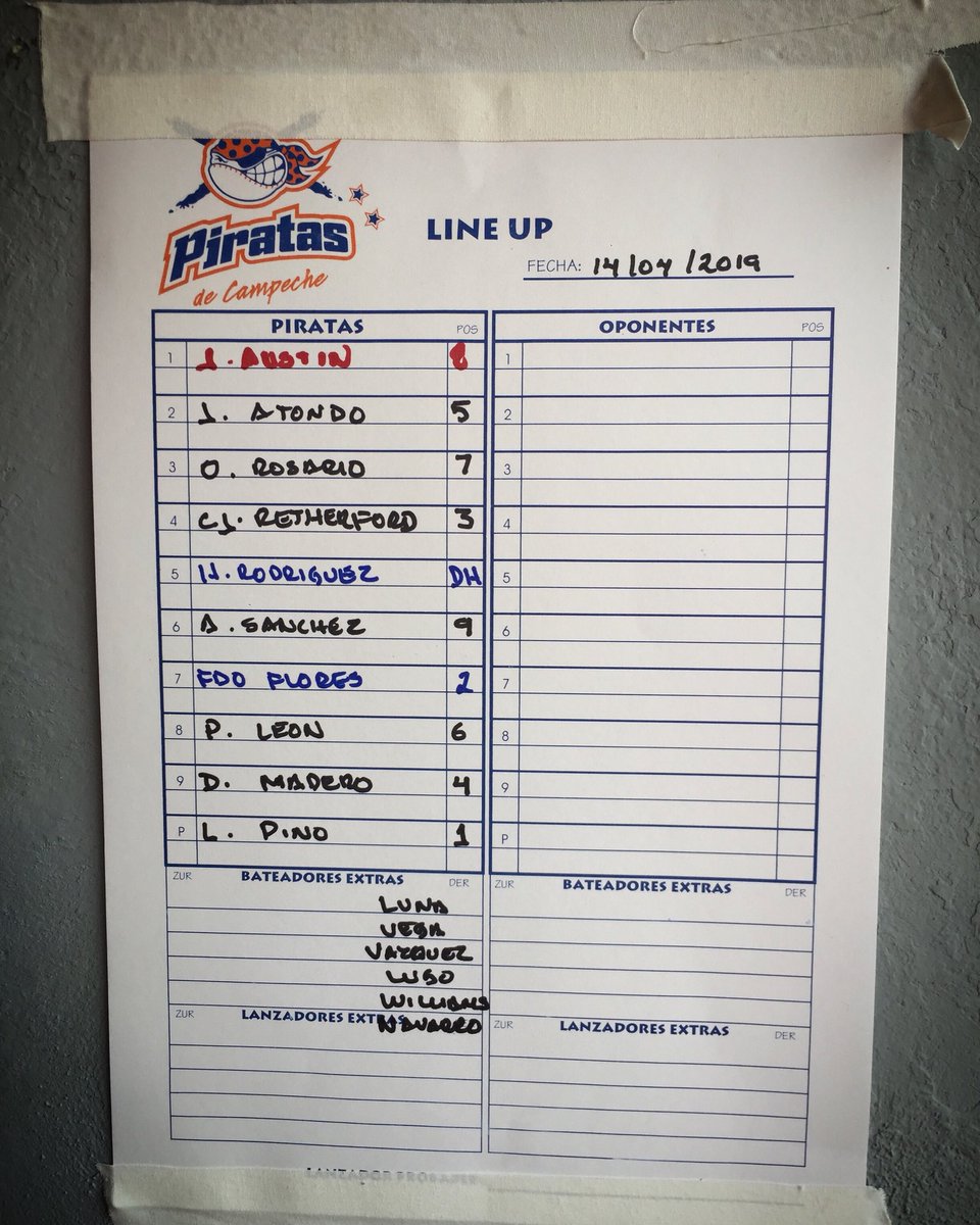 CNavajazo's tweet photo. LINE UP 14/04/19
Último partido de la serie. 
VAMOOOOS PIRATAS !!
#PiratasDeCampeche #CapitanNavajazo https://t.co/Oksy9HxyqW