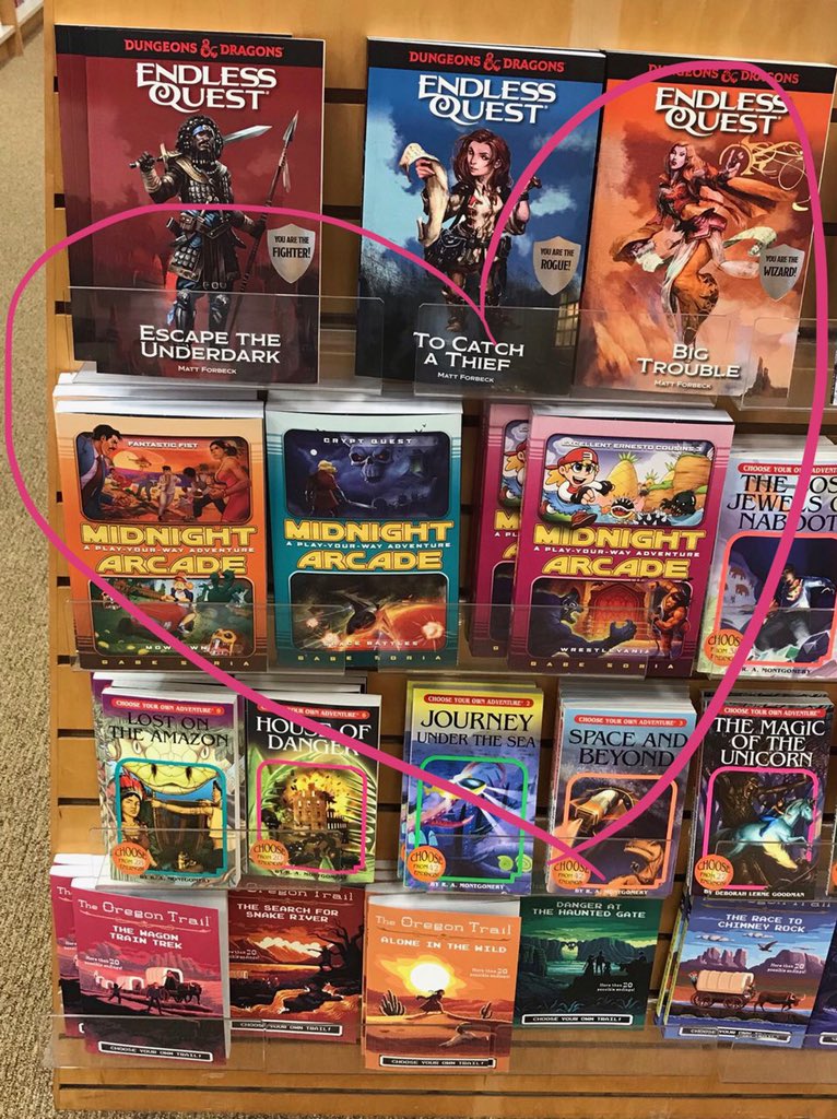 Look at these awesome new #midnightarcade covers at the Tulsa @BNBuzz! Go @Bitchinville, go! #kidlit #choicedrivenstory