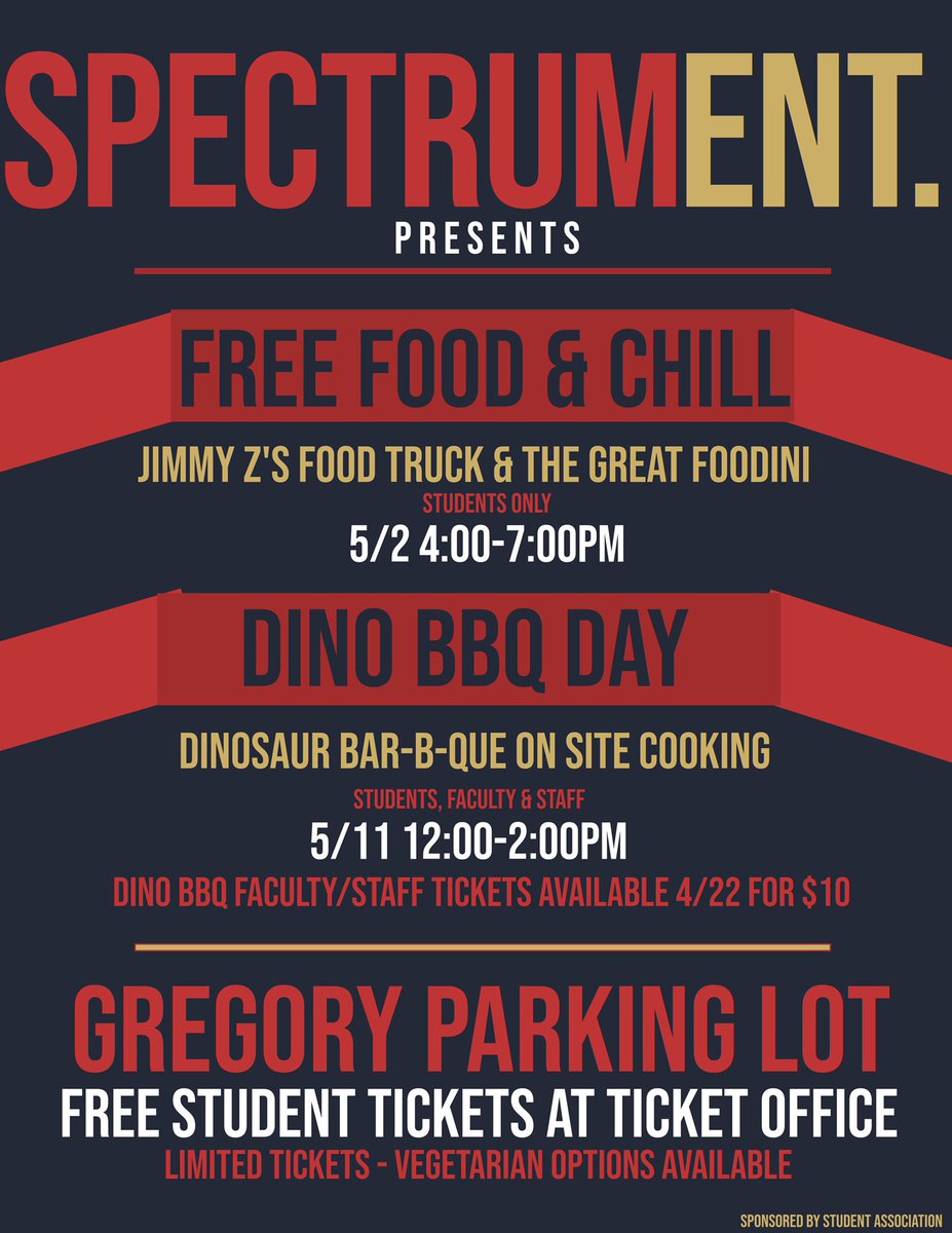Onto the next event! Mark your calendars... Spectrum is bringing you TWO free food events. One is the classic Dino Day and one is Free Food and Chill w Spectrum! Pick up your tickets starting tomorrow in the ticket office. (did we mention it’s free for students)