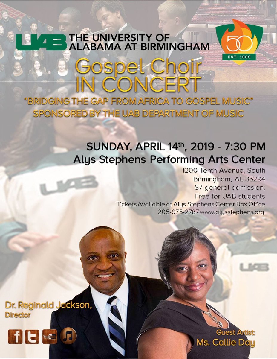 You don’t want to miss this truly spiritual experience! The UAB Gospel Choir will be putting on a powerful performance in the Alys Stephens Center at 7:30 pm. Tickets can be purchased at the door for $7 (general admission). Free admission for UAB students.