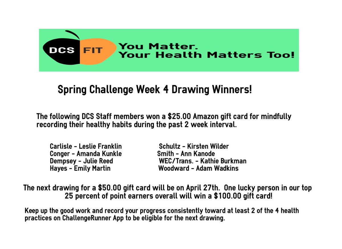 DCS_fit's tweet photo. 236 staff members are participating in the 2019 Spring Challenge.  Check out the winners of this week's drawing! https://t.co/mS5bK63abB