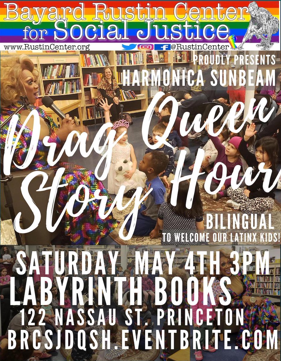 Bayard Rustin Center for Social Justice (@rustincenter) on Twitter photo Drag Queen Story Hour coming back to Princeton!
Featuring fabulous <a href="/HSunbeam/">Harmonica Sunbeam</a>
Fund & friend-raiser for <a href="/RustinCenter/">Bayard Rustin Center for Social Justice</a>
¡Bilingual this time to welcome our Latinx families!
Saturday 4 May <a href="/labyrinth_books/">Labyrinth Books Princeton</a> 3pm
Tix now available
brcsjdqsh.eventbrite.com
Join us for fabulous family fun! Drag Queen Story Hour coming back to Princeton!
Featuring fabulous <a href="/HSunbeam/">Harmonica Sunbeam</a>
Fund & friend-raiser for <a href="/RustinCenter/">Bayard Rustin Center for Social Justice</a>
¡Bilingual this time to welcome our Latinx families!
Saturday 4 May <a href="/labyrinth_books/">Labyrinth Books Princeton</a> 3pm
Tix now available
brcsjdqsh.eventbrite.com
Join us for fabulous family fun!