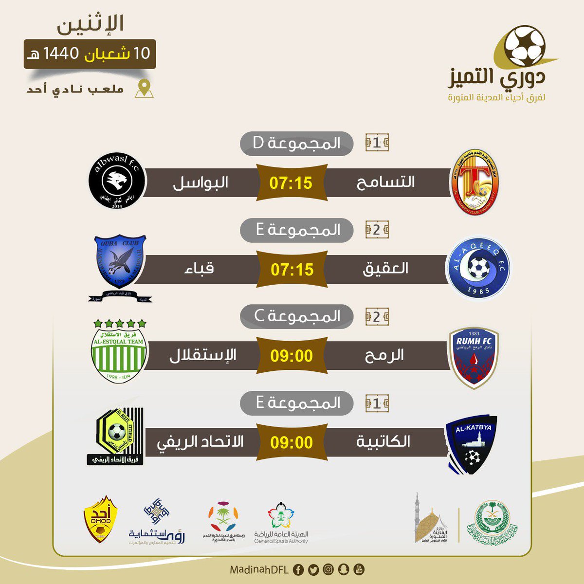 - مباريات يوم الإثنين 8/10 في الجولة الرابعة من #دوري_التميز 2019م النسخة الرابعة لفرق أحياء #المدينة كالتالي.

المجموعة D
التسامح sv البواسل
⏰ 7:15م

المجموعة E
العقيق sv قباء
⏰ 7:15م

المجموعة C
الرمح sv الإستقلال
⏰ 9:00م

الجموعة E
الكاتبية sv الإتحاد الريفي
⏰ 9:00م