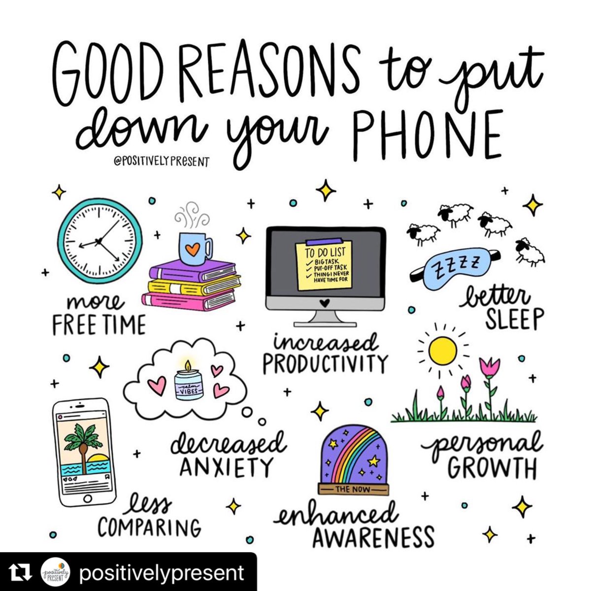 dailysmilez's tweet photo. @positivelypresent posted this wonderful list of why we should put down our phones. 📱❎ #phonefree #phonebreak #peaceandquiet #selfcare #mlra #mlracounseling #schaumburgcounselor #dailysmilez https://t.co/ow8l1cJVfu