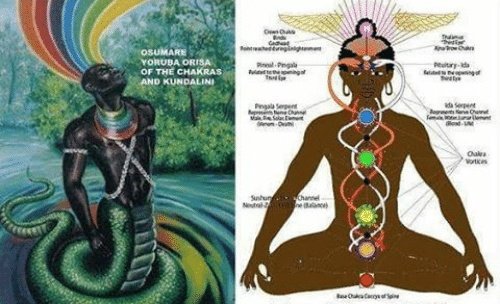 The origin of the rainbow chakras & the kubdalini serpents derive from the Yoruba Orisa System of Ancient West Africa, defied in the divinity Osumare. It was later taken to Kemet(Ancient Egypt) and became the Uraeas and then transferred to the Andamanese tribes of Ancient India.