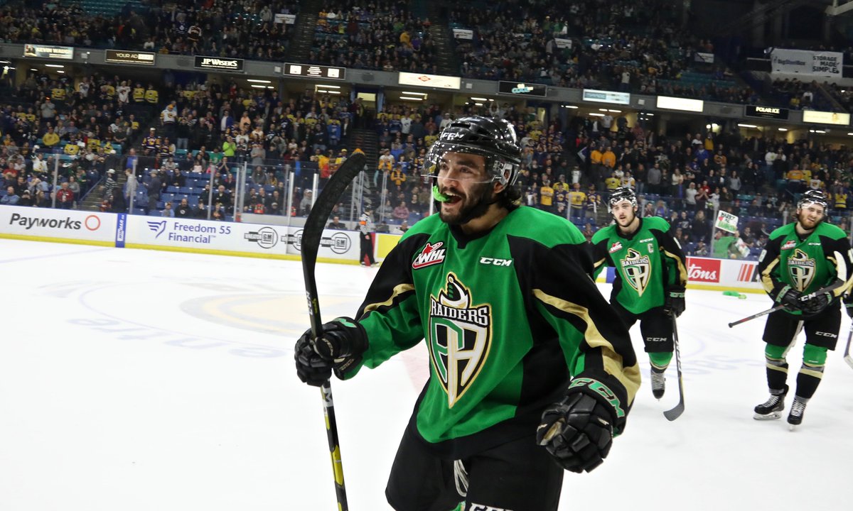 PARaidersHockey's tweet photo. Dante Hannoun had a hat trick to lift the Raiders to a Game 6 and series win on Sunday in Saskatoon.

📲Get the recap on the Raiders app, or online here: https://t.co/0RzC1RonlD

📸 @ApolloMedia11 

#PAvsSAS #GoRaidersGo #WHLPlayoffs https://t.co/VWopZ5mD1A