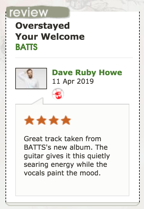 BATTSMUSIC's tweet photo. @daverubyhowe said some very nice things about 'Overstayed Your Welcome' over on @triplejunearthd x Thanks legend. https://t.co/RYJVq0xW6t