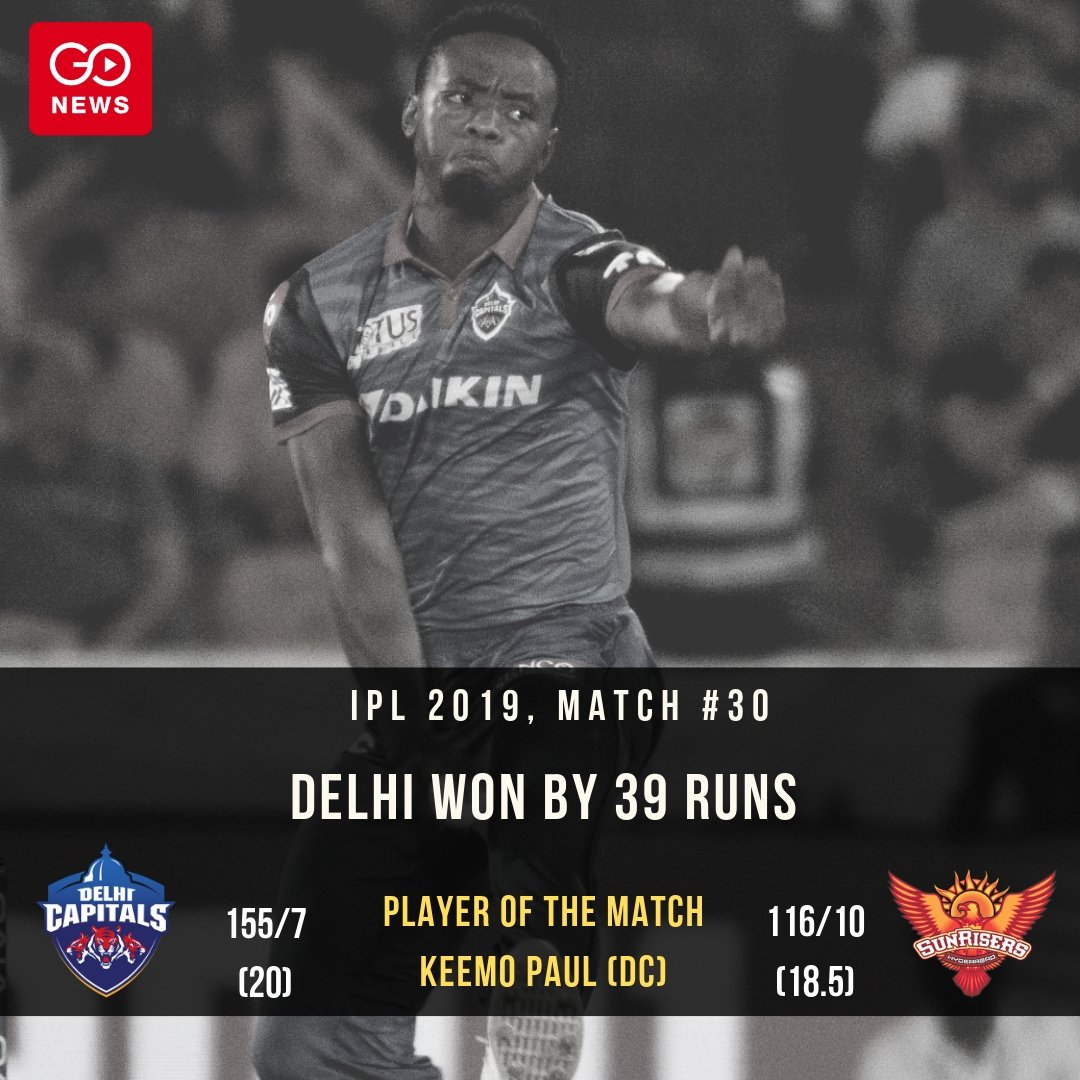 GoNews_India's tweet photo. #IPL2019: Delhi Capitals beat Sunrisers Hyderabad by 39 runs (#DDvSRH).
Check out match summary https://t.co/OpkV5naPPE