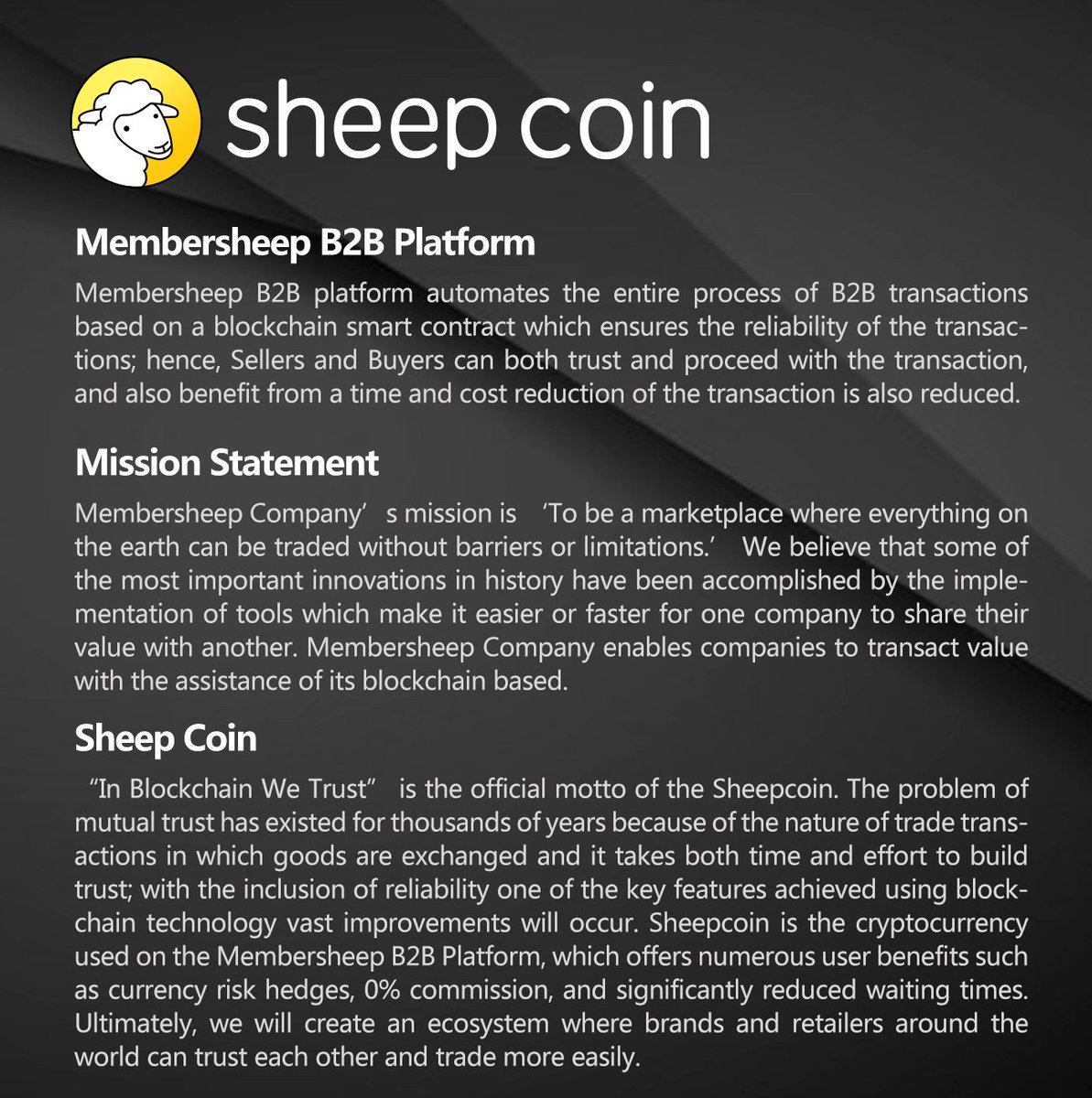 MembersheepB2B's tweet image. Happy Monday! Take a few minutes and read about Membersheep! 
#Membersheep #blockchain #ecommerce #sheepcoin