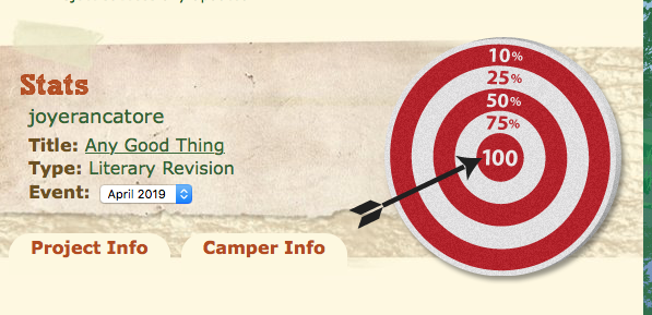 joyerancatore's tweet photo. That's a bullseye! #CampNaNoWriMo in the books; final revision on #AnyGoodThing DONE! #betareaders, here it comes! Much love to my rockin' cabin @AuthorDevonH @AtkinsAuthor @tauricox @madeline_writes ❤️❤️
#WritersCheer #goingtosleepnow https://t.co/0ZLOUrC06v