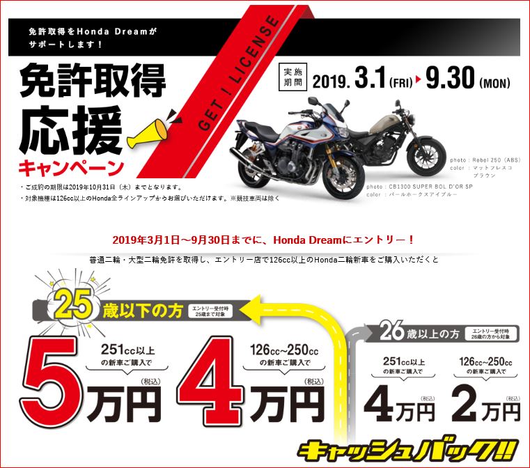 Honda Bike ホンダ バイク 免許応援キャンペーン実施中 Honda Dreamが免許取得をサポート 普通二輪 大型二輪免許を取得し エントリー店で126cc以上のhonda二輪新車を購入いただくと 嬉しいキャッシュバック 詳しくは お近くのhonda Dreamまで