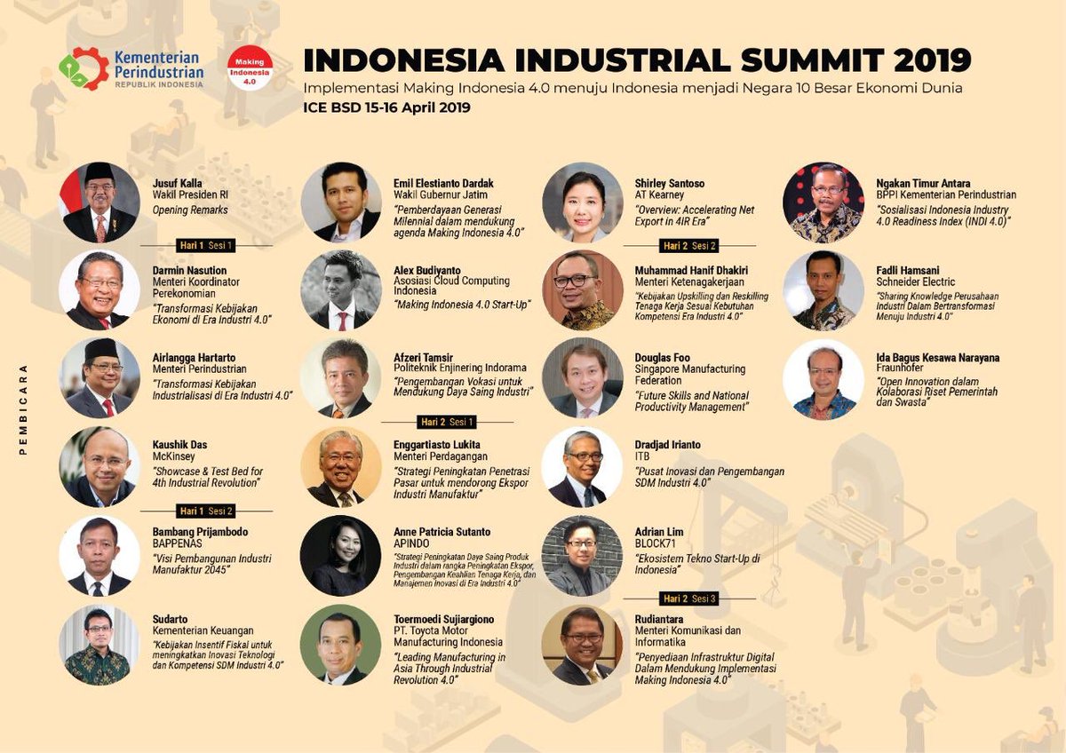 Berikut daftar narasumber yg akan memberikan paparan dalam sesi talkshow pada rangkaian Indonesia Industrial Summit 2019 #IIS2019

#Industri4.0
#MakingIndonesia4.0