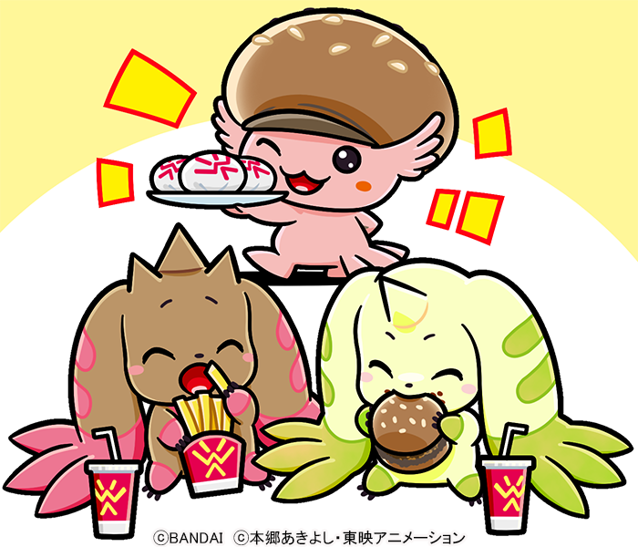 お昼の時間ですよー😆今日は何を食べようかな？そうだ、エビバーガモンの🍔ハンバーガーを食べにいこう！ロップモンとテリアモンのために、エビバーガモンがランチメニュー振る舞ってくれたよ。エビバーガモンのお手製ハンバーガー、とっても美味しくて笑顔がこぼれるちゃう！🥰  #デジモン #Digimon