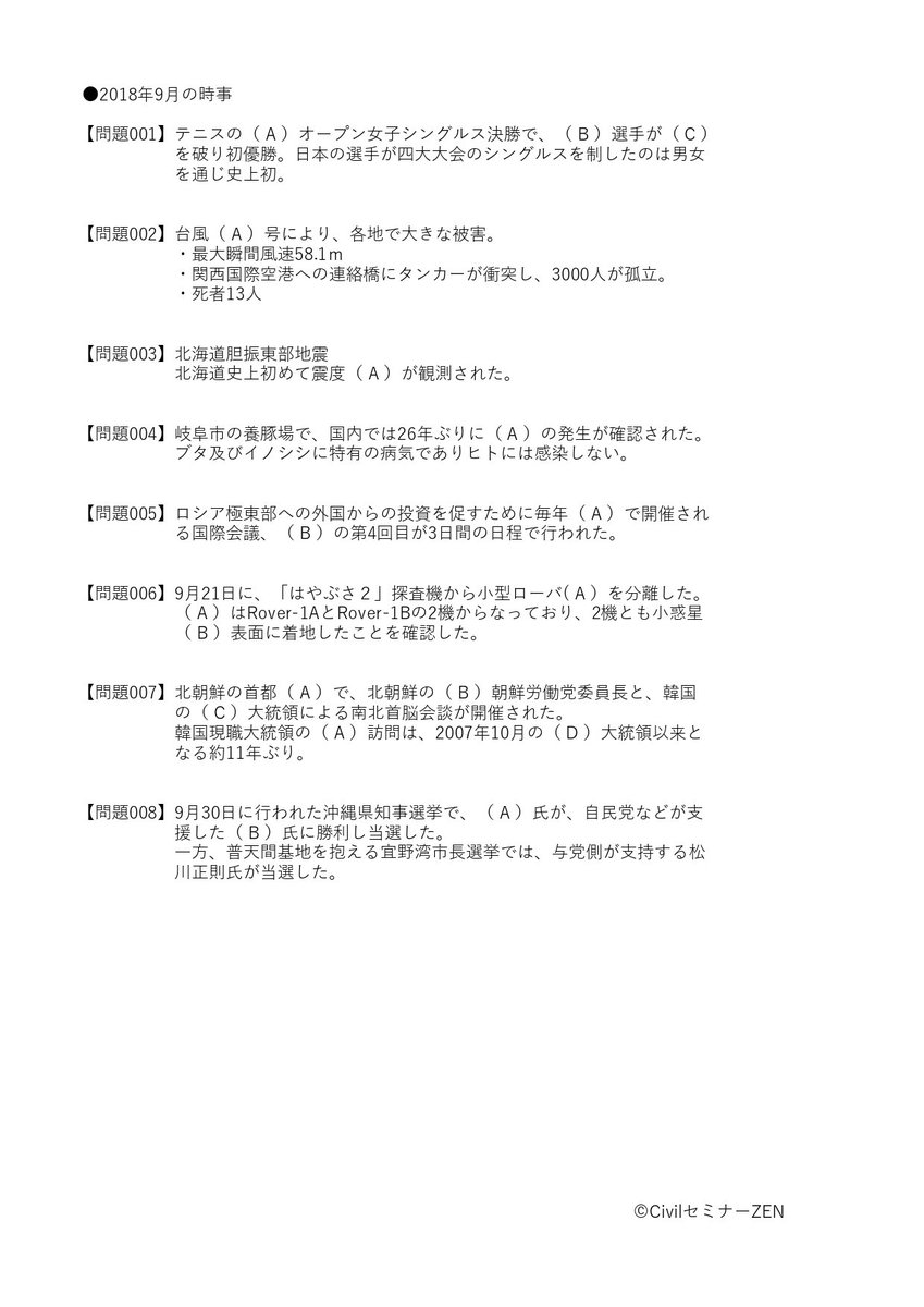 問題野郎 無料の公務員試験過去問サイト Spiやscoaなど就活も独学で頑張る人のために 公務員試験19年対策 就職活動対策 時事 18年09月の出来事 公務員試験 教養試験 就職 就活 Spi 勉強 独学 受験 東大生 Pdf 社会科学 消防官 警察