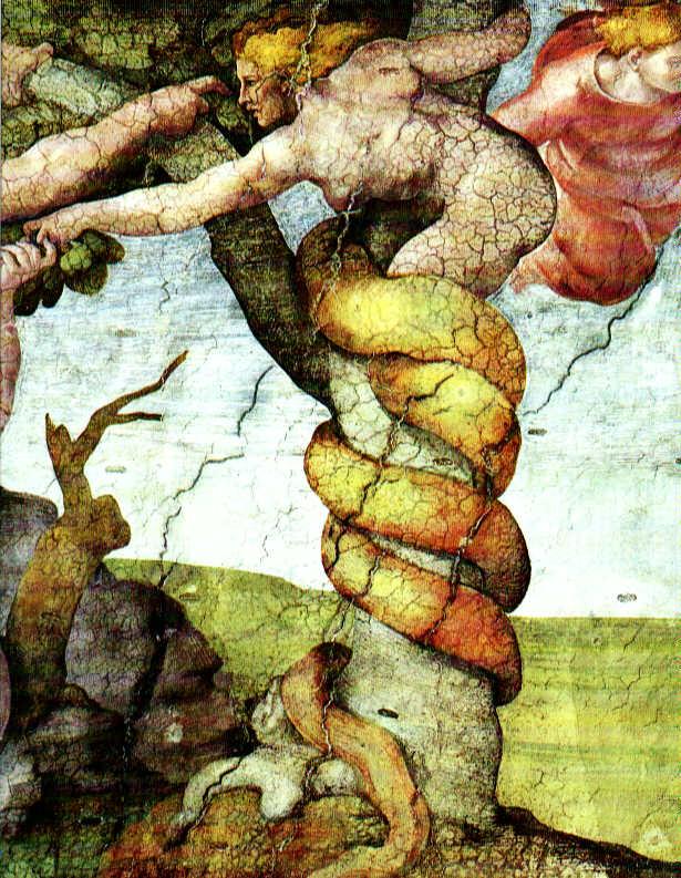 The Biblical snake is usually depicted as being wrapped around the Tree of Knowledge. Trees are a perfect metaphor for Time due to the way they branch in Three physical dimensions. Eating from it implies incarnation into 3D(duality) Light/Dark experiences = obtaining Knowledge.