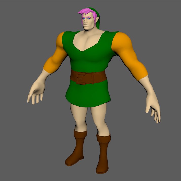 donald_deuce's tweet photo. It’s been awhile, but I’ve finished up with retopology and UVs for Buff Link for the @LoZReanimated project! I slapped on some temporary base colors for fun before I nail down the textures in Substance Painter. #zelda #legendofzelda #nintendo #lozreanimated #animation #3d https://t.co/uBnAW07mnx