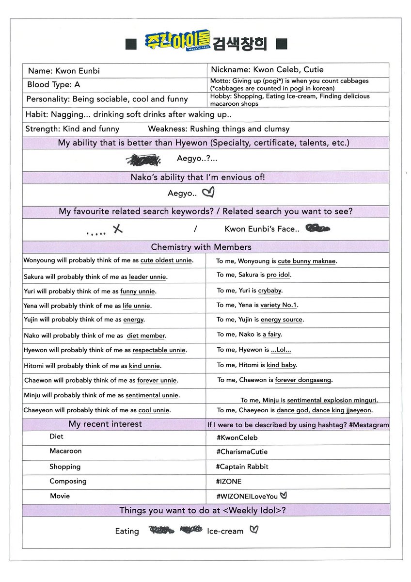 IZSUBS's tweet photo. [TRANS]
190412 IZ*ONE Handwritten Weekly Idol Profile  

Translated by: @eunbiz2703, @notasianenuf and leahxturnbull of IZSUBS 

#IZONE #아이즈원 #アイズワン

https://t.co/7TicSzcdJq https://t.co/VRW9cYvhgm