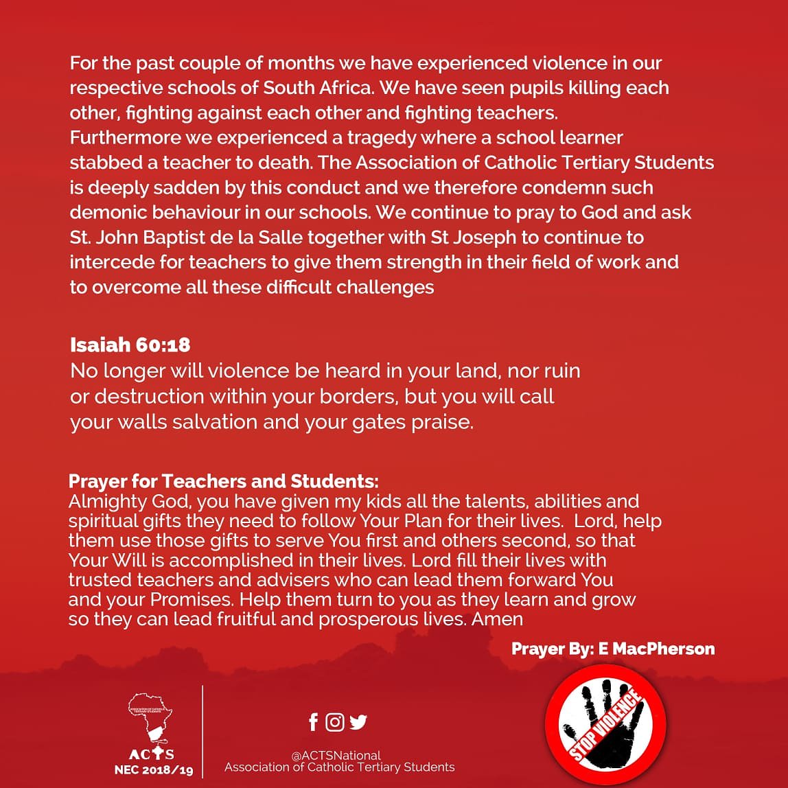 ACTSNational's tweet photo. ACTS says no to violence in Schools ❌
"Education is the Key 🗝 to unlock the GOLDEN door of FREEDOM" ~George Washington

#ACTS_CARES
#STOPVIOLENCEINSCHOOLS
#CatholicsonCampus
#HomeAwayFromHome https://t.co/CSLCcV7kpY