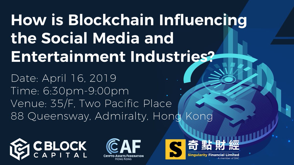 Tomorrow evening on Tuesday, April 16, C Block Capital will be collaborating with CA-Fed to discuss about how blockchain is influencing the social media &amp; entertainment industries. Sign up here!: bit.ly/BlockchainInSo…