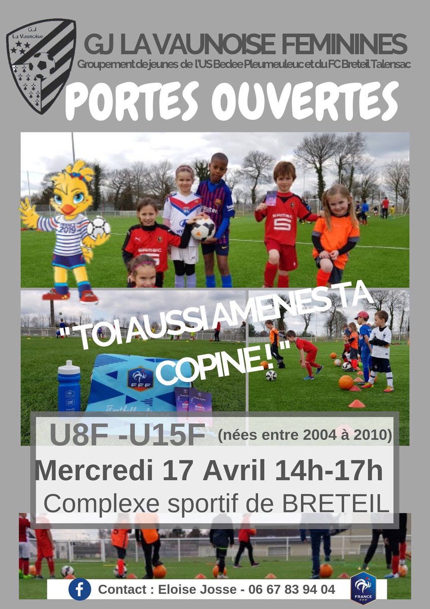 [PORTES OUVERTES - SECTION FEMININE]

➡️ RENDEZ VOUS MERCREDI 17 AVRIL à 14h au complexe sportif de Breteil

Tu as entre 8 et 15ans et tu veux essayer le football féminin, alors viens à la porte ouverte ! 

Au programme : 
- Jeux 
- Ateliers techniques 
- Défis 
- Quizz