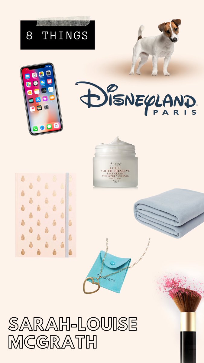 SheSaidClub's tweet image. Kicking us off with her #8Things is @sarahlouwrites_ 😍

1. Ben her little pup
2. @DisneylandParis (she has an annual pass!)
3. Good moisturiser
4. iPhone
5. Her journal
6. Anything from @TiffanyAndCo
7. A cosy blanket
8. Make-up, make-up, make-up 

What are yours? 😍