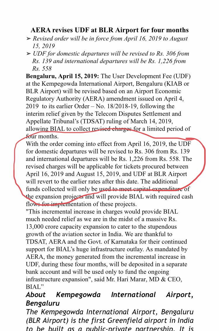 rakeshprakash1's tweet photo. #Bengaluru: User Development Fee (#UDF) at @kempegowda_air revised for four months. #Passengers to pay more for tickets booked between April 16 and August 15, 2019. @TOIBengaluru @sandeeprrao1991 https://t.co/dUWkYBcI3j