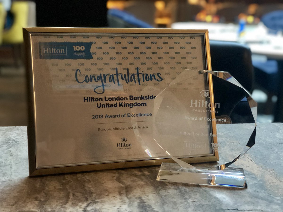 HiltonBankside's tweet photo. We're thrilled to announce we've won @HiltonHotels Award of Excellence! Judged across all Hilton properties in EMEA region &amp; awarded to the best performing hotel in overall Quality Assurance, Experience &amp; Service. This wouldn't be possible without our hard-working Team Members!🏆 https://t.co/BZLBmBRdIS