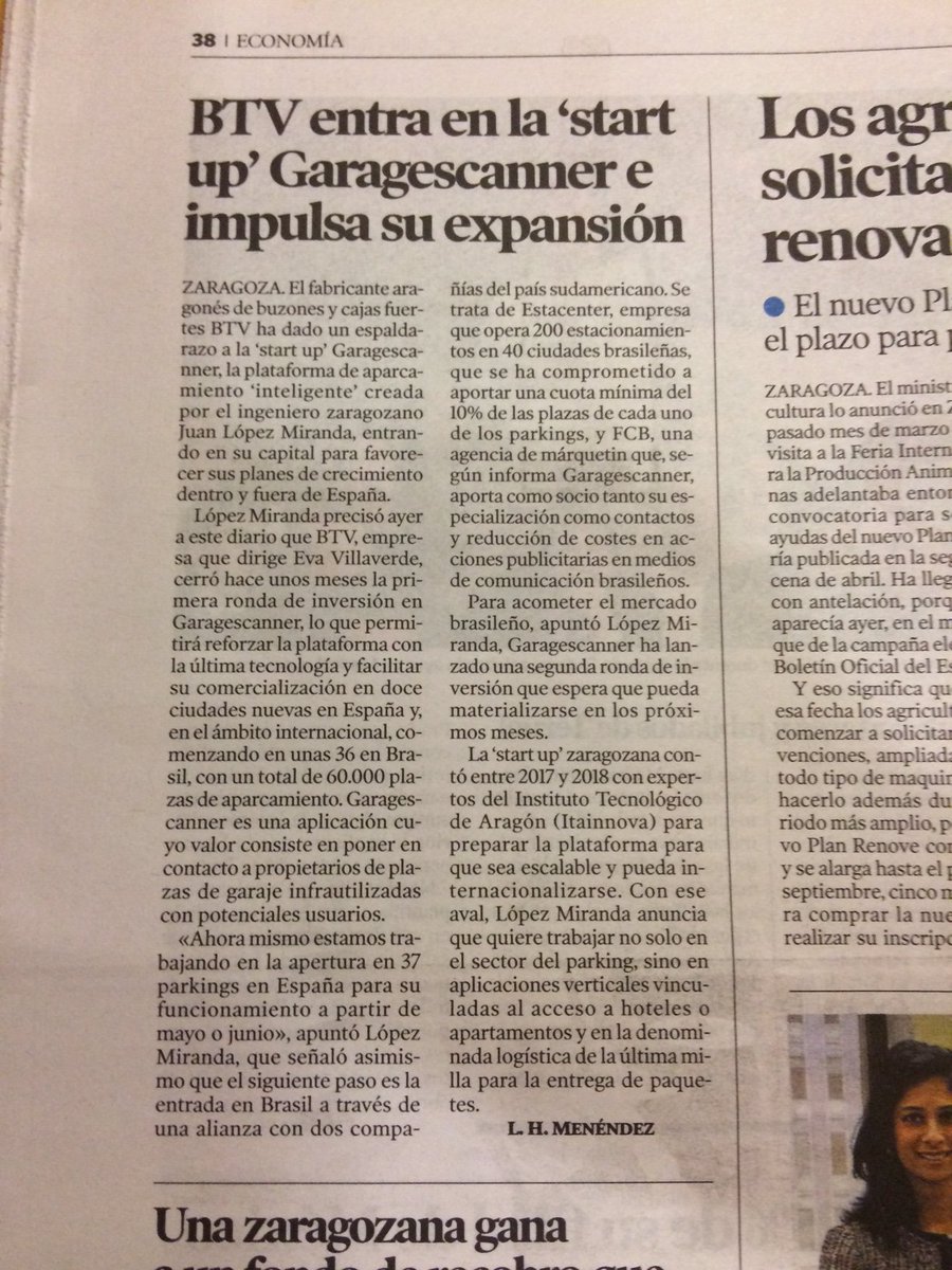 La empresa aragonesa <a href="/btvbuzones1962/">BTV buzones y cajas</a> entra en <a href="/garagescanner/">garagescanner</a> (antigua empresa incubada en <a href="/LaRondaWorld/">LaRonda</a>) para reforzar su expansión nacional e internacional.
¡Nos encanta ver que el talento que nace en nuestro ecosistema emprendedor siga su trayectoria de manera positiva!