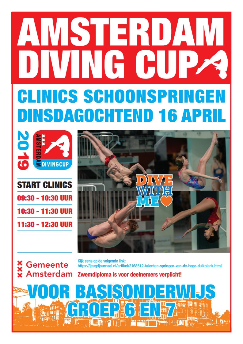 Coming-up:  Site event ADC2019 - XXL  
Tuesday april 16th;  diving clinics for 150 kids from elementary schools "De Horizon ", Spec.education  Kentalis Signis, Alexander Roozendaalschool
High school IJburg college, and Spring High
