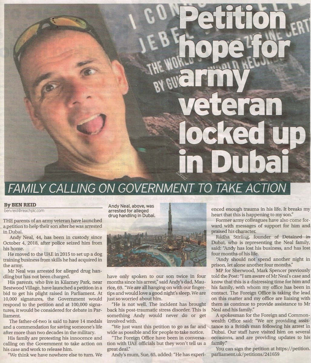 RadhaStirling's tweet photo. #AndyNeal has been in detention since October last year. The only witness later confirmed “No, it wasn’t Andy” during a meeting with prosecution. Why was he not immediately released by @DubaiPoliceHQ - Unacceptable to keep him in there for lengthy “processing”. #FreeAndy https://t.co/9xsweQpbjP