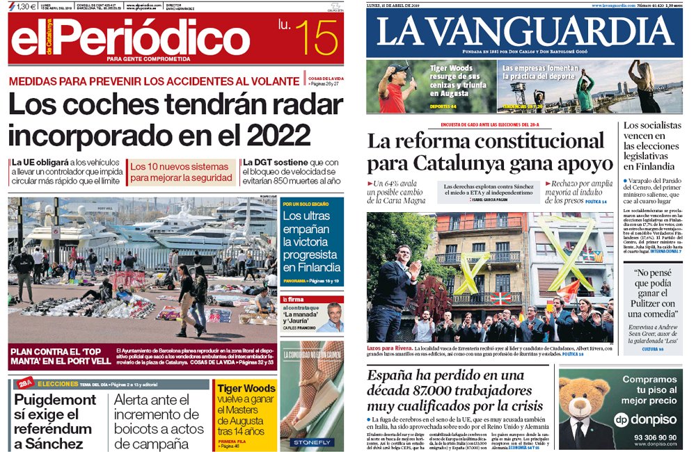 #FelizLunes Las portadas de la prensa de hoy abren con fotografías de cargas policiales conteniendo a radicales que intentaban reventar actos electorales de PP, Cs y Vox y con la promesa de Sánchez de que el PSOE es el único partido moderado