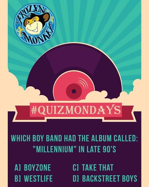 FROZENMONKEYBAR's tweet photo. Which Boy Band had the album called: "Millennium" in late 90's? Answer correctly and stand a chance to win a Pizza meal for 2 (2 Mocktails,1 Pizza, 2 Desserts).
#frozenmonkey #Pune #UniversityRoad #Hinjewadi #monday #mondayblues #contest #contestalert #punefoodies https://t.co/Aagp3mr80Z
