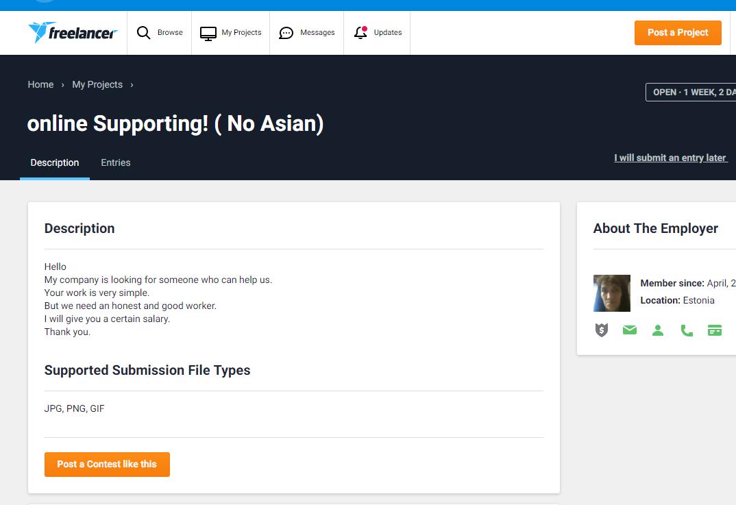 ArvinSeeva's tweet photo. Dear @freelancer , so I was told that this sort of #discrimination is acceptable to you. Really?! Why do you encourage your customers to be #racist? https://t.co/SQyWc67usS