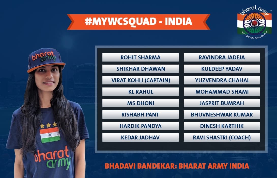 bhadavibandekar's tweet photo. Just few hours to go for the World Cup Squad announcement for @BCCI ๐ฎ๐ณ
Hereโs #MyWCSquad for #TeamIndia which I had shared with @thebharatarmy
Even though my squad selection is more heart over head I just hope I get the maximum correct
#TheGirlWhoLovesCricket #BharatArmy #CWC19 https://t.co/0z4QgQ2Ild