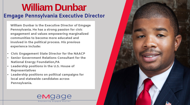 EmgageAction's tweet photo. Emgage is excited to announce the latest addition to our amazing team - William Dunbar as the Emgage Pennsylvania Executive Director.

#MuslimsOfAmerica https://t.co/DNuodnsxxY