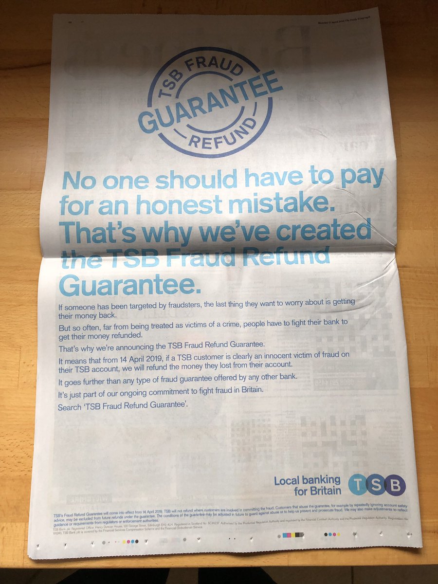 petermarkey's tweet photo. Full page advert in today’s @Telegraph about the new @TSB_News  @TSB fraud refund guarantee #TSBfraudguarantee https://t.co/wbMEzRPQdn