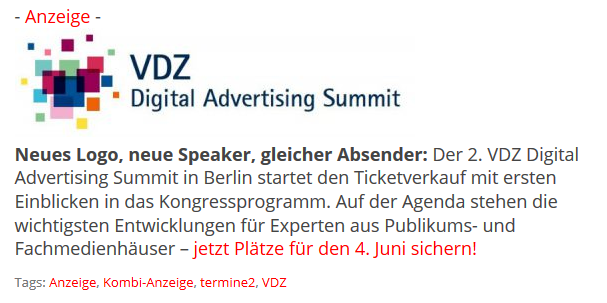 Anzeige: Der 2. VDZ Digital Advertising Summit in Berlin startet den Ticketverkauf mit ersten Einblicken in das Kongressprogramm. bit.ly/2Gk70Ew