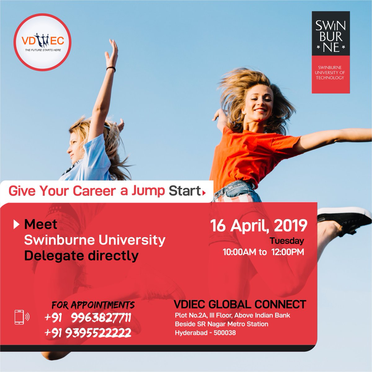 vdiechyd's tweet photo. Meet Swinburne University, Australia Delegate on Spot Assessment VDIEC Global Connect Pvt Ltd - Hyderabad On 16th April, 2019 from 10:00am to 12:00 noon.
-Ranked one of the world's top 400 universities
#Swinburne_spot #vdiec #study_abroad #study_australia https://t.co/m8tMhGkM2N