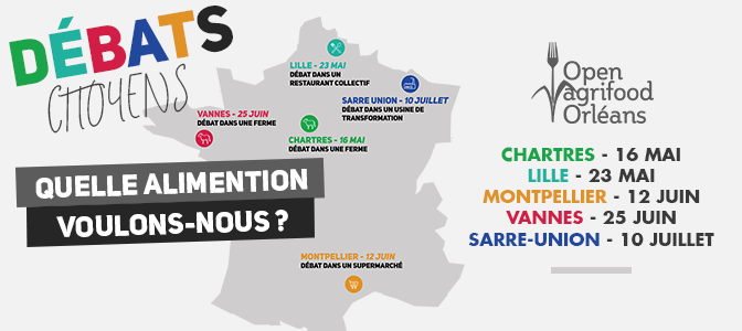 OAgrifood's tweet photo. L'#OpenAgrifood lance 5⃣ débats citoyens sur l'#alimentation et l'#agriculture de mai à juillet !

🐔16 mai - Chartres  
🍴23 mai - Lille  
🛒12 juin - Montpellier  
🐮25 juin - Vannes  
🍊10 juillet - Sarre-Union

Proposez vos solutions pour l'alimentation que vous MÉRITEZ ! https://t.co/uraXXTiCYd