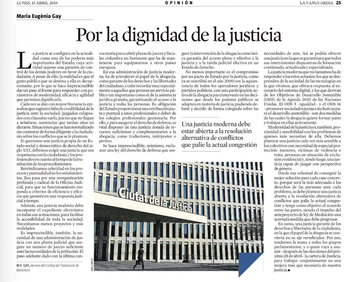 MariaEugeniaGay's tweet photo. "Reclamamos una #Justicia que responda a parámetros de modernidad, eficacia y agilidad, garante de los derechos y libertades de la ciudadanía y en la que la #Abogacía se convierta en eje vertebrador de la misma"

Mi artículo en @LaVanguardia 'Por la dignidad de la Justicia': https://t.co/jhJLzTFXgX