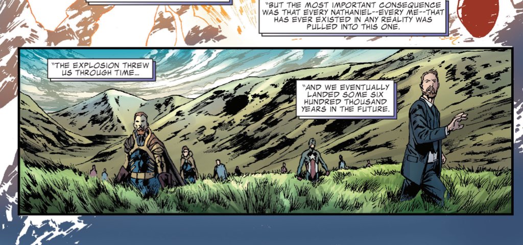 More future echoes in Hockman's "Fantastic Four."Here, all Nathaniel Richards compressed into a single reality, like "Battleworld."But also forced to destroy each other so one might live, like the "Incursions."(Fantastic Four #581.)