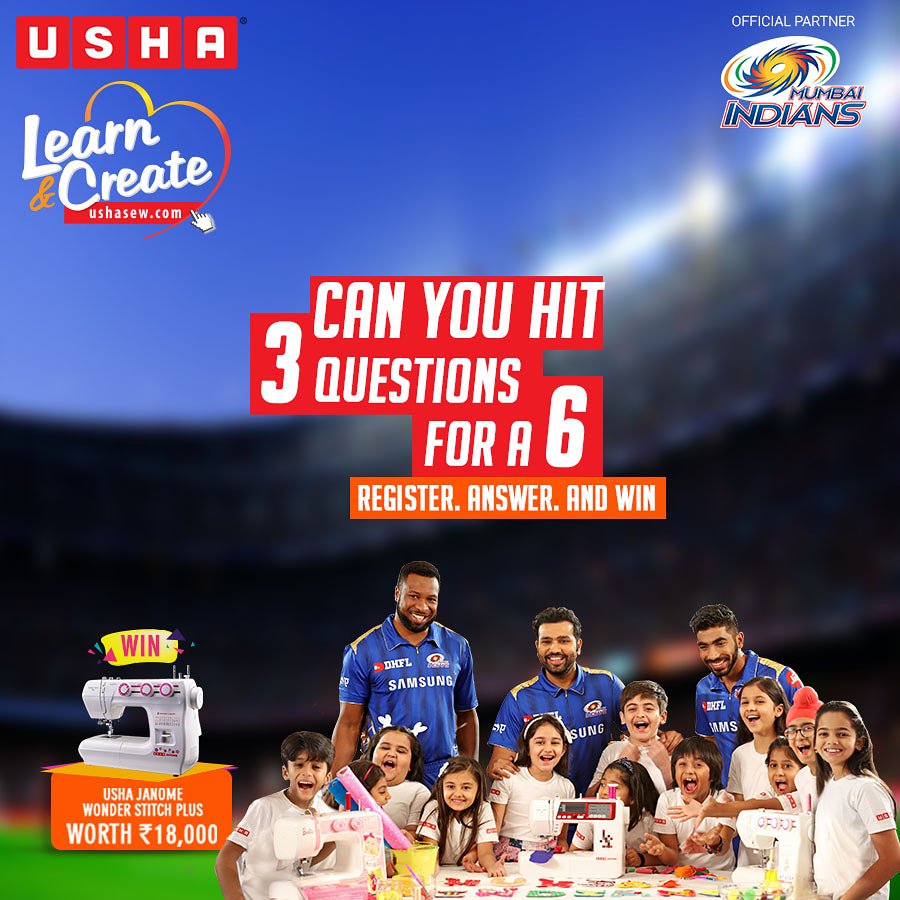 ushasewofficial's tweet photo. Play with the Mumbai Indians! Watch the Usha MI video during the match &amp; answer 3 simple questions. And you could WIN AN USHA SEWING MACHINE! For info:
https://t.co/sPOHjcatSL…/

Play at https://t.co/sDpKMmGor9
 #UshaSewingMachine #LearnAndCreate #MumbaiIndians #WinWithUsha https://t.co/pJhmfIM8ax