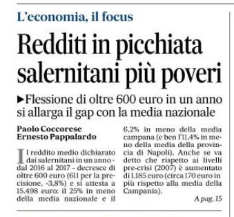 I redditi dichiarati dai salernitani si contraggono tra il 2016 e il 2017. Il divario con la media nazionale è considerevole. L'analisi (su dati Mef) realizzata con il prof. Paolo Coccorese sul Mattino (ed. Salerno) ogg in edicola.