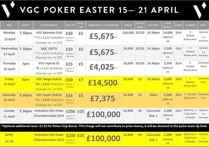 VGCPoker's tweet photo. A Jam-Packed week of poker for you @VGCasino over the Easter holiday!
HUGE guaranteed cash prizes, plus FIFTY x £225 tickets for the £100,000 Yorkshire @VGCPoker Championships srarting 5.30pm, Sunday 21st April!
Check out the schedules!
#VGCPoker #Leeds #Yorkshire https://t.co/xvBpF6JHMU