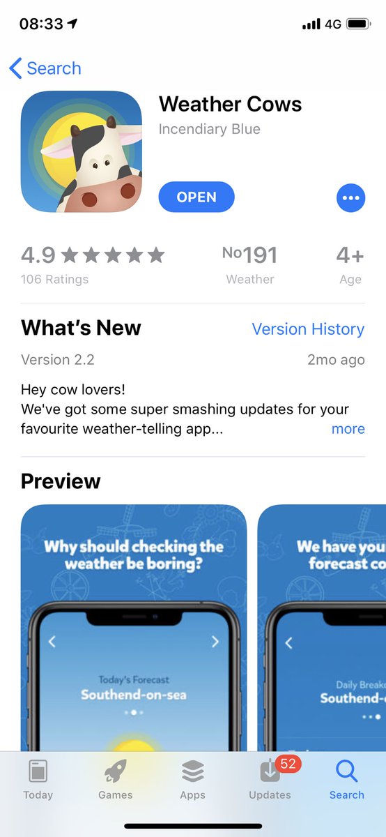 __richardsmith_'s tweet photo. Still amazes me every time I do a little nosey on the App Store. 5 star rating...I’ll take that #thankyou #weathercows https://t.co/718gNeZ0yq