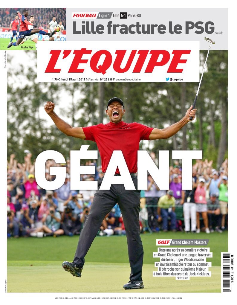 pratinho7's tweet photo. Portadón de @lequipe per una de les gestes de l’any #tigerrules #geni #golf https://t.co/Jk25kYW7mO