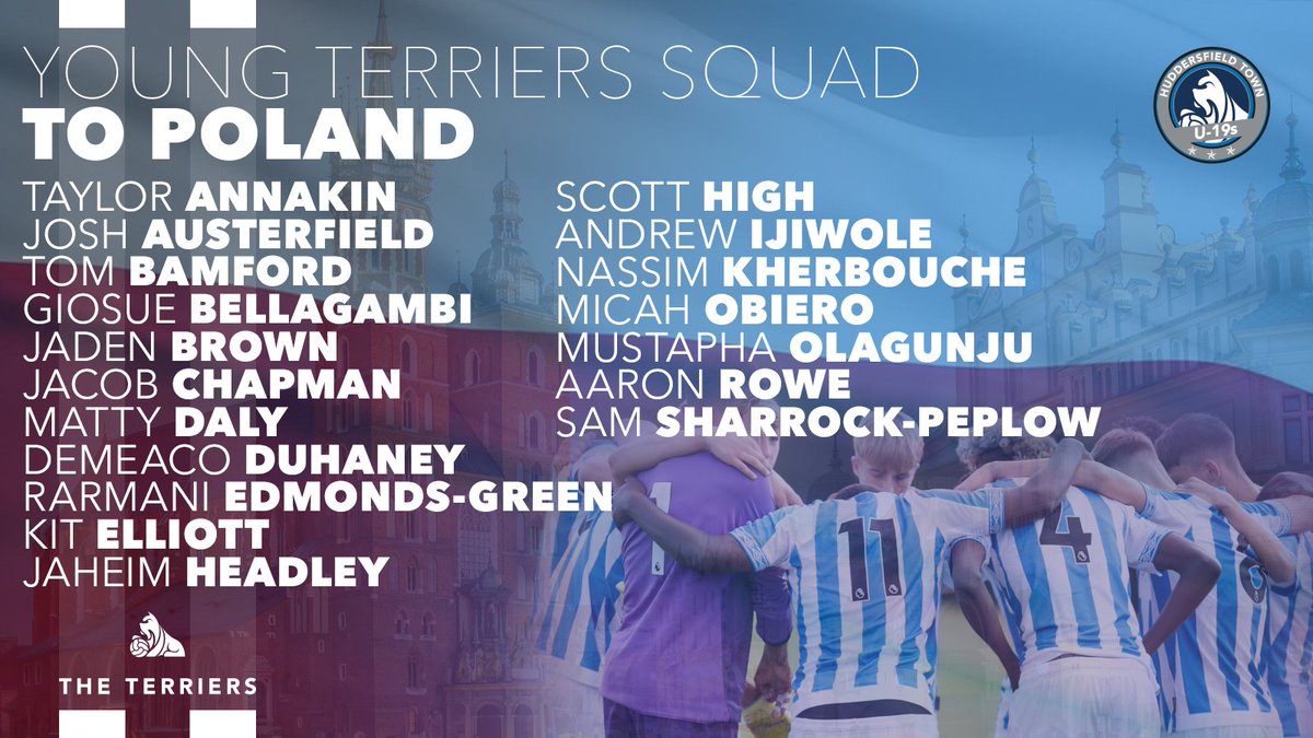 htafcacademy's tweet photo. 🇵🇱 Here is the #htafc Under-19 squad that has made the journey to Poland for this week's tour!

Unfortunately the first game against @WartaPoznan has been cancelled, so @442Dean's side will now focus on Wednesday's match against @SlaskWroclawPl!

#YoungTerriers (DTS) https://t.co/3kZnZwmsVF