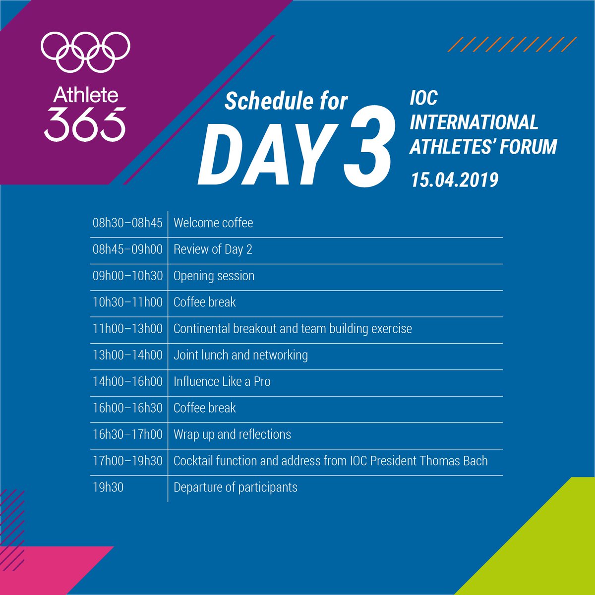 International Athletes' Forum 2019

Joint day between <a href="/worldolympians/">World Olympians</a> and <a href="/Athlete365/">Athlete365</a> is underway!

Day 3 schedule 🗓️

#Athlete365 #AthletesForum