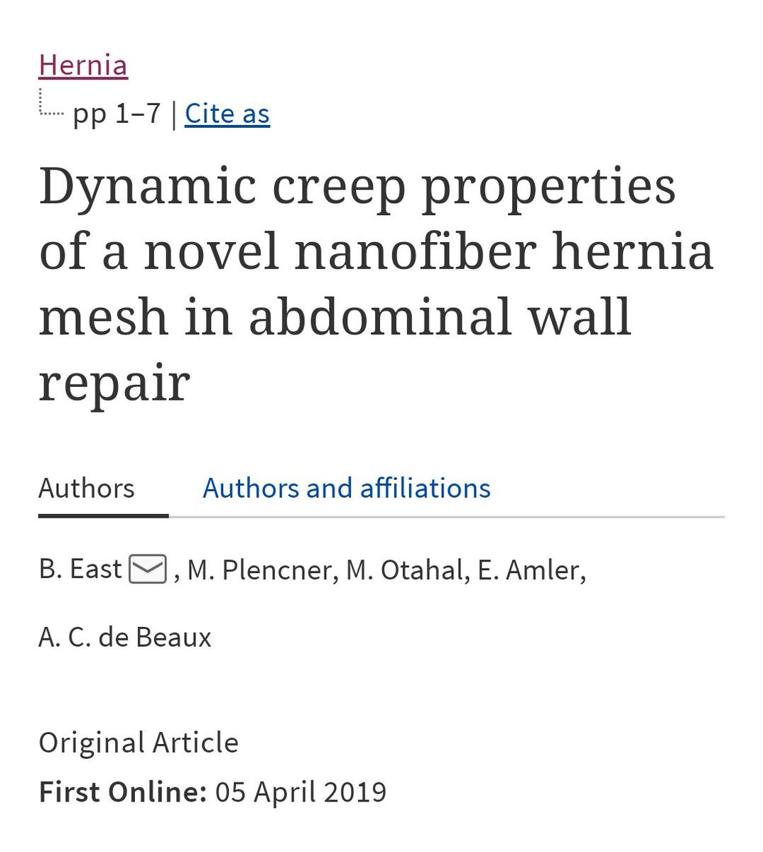 eurohernias's tweet photo. https://t.co/1nU7AfrFqf Dynamic creep properties of a novel nanofiber hernia mesh in #AWR. #HerniaSurgery https://t.co/8XWNcoGkG9